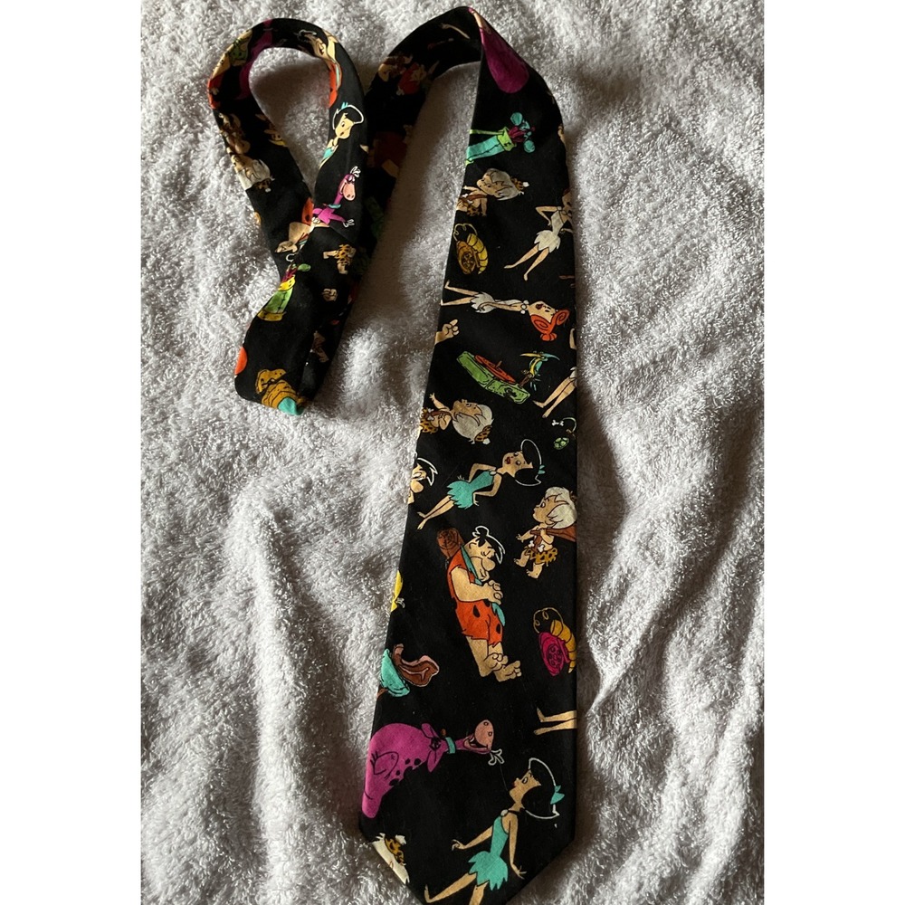 Ralph Marlin Necktie Mens OS Black Excellent Flintstones Novelty Vintage 90s
